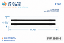 Load image into Gallery viewer, Face dimensions of a 24-inch 2-slot linear slot diffuser with 25mm opening in matte white.
