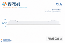 Load image into Gallery viewer, Side profile and dimensions of a 24-inch 2-slot linear slot diffuser with 25mm opening in matte white.
