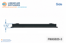 Load image into Gallery viewer, Side profile and dimensions of a 24-inch 3-slot linear slot diffuser with 19mm opening in matte black.
