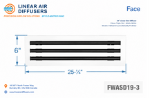 Load image into Gallery viewer, Face dimensions of a 24-inch 3-slot linear slot diffuser with 19mm opening in matte white.
