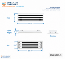 Load image into Gallery viewer, Overall dimensions of a 24-inch 3-slot linear slot diffuser with 19mm opening in matte white.
