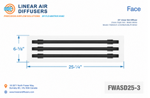 Load image into Gallery viewer, Face dimensions of a 24-inch 3-slot linear slot diffuser with 25mm opening in matte white.
