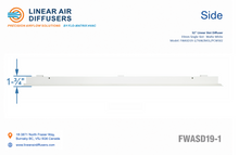 Load image into Gallery viewer, Side profile and dimensions of a 32-inch 1-slot linear slot diffuser with 19mm opening in matte white.
