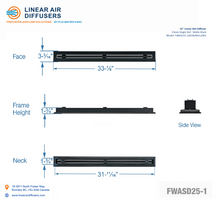 Load image into Gallery viewer, Overall dimensions of a 32-inch 1-slot linear slot diffuser with 25mm opening in matte black.

