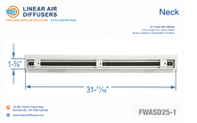 Load image into Gallery viewer, Neck dimensions of a 32-inch 1-slot linear slot diffuser with 25mm opening in matte white.
