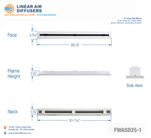 Load image into Gallery viewer, Overall dimensions of a 32-inch 1-slot linear slot diffuser with 25mm opening in matte white.
