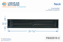 Load image into Gallery viewer, Neck dimensions of a 32-inch 2-slot linear slot diffuser with 19mm opening in matte black.
