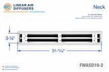 Load image into Gallery viewer, Neck dimensions of a 32-inch 2-slot linear slot diffuser with 19mm opening in matte white.
