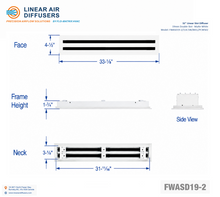 Load image into Gallery viewer, Overall dimensions of a 32-inch 2-slot linear slot diffuser with 19mm opening in matte white.
