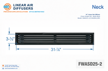 Load image into Gallery viewer, Neck dimensions of a 32-inch 2-slot linear slot diffuser with 25mm opening in matte black.
