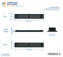 Load image into Gallery viewer, Overall dimensions of a 32-inch 2-slot linear slot diffuser with 25mm opening in matte black.
