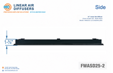 Load image into Gallery viewer, Side profile and dimensions of a 32-inch 2-slot linear slot diffuser with 25mm opening in matte black.
