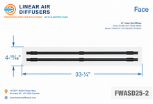 Load image into Gallery viewer, Face dimensions of a 32-inch 2-slot linear slot diffuser with 25mm opening in matte white.
