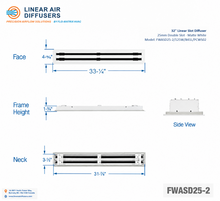 Load image into Gallery viewer, Overall dimensions of a 32-inch 2-slot linear slot diffuser with 25mm opening in matte white.
