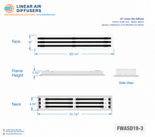 Load image into Gallery viewer, Overall dimensions of a 32-inch 3-slot linear slot diffuser with 19mm opening in matte white.
