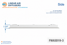 Load image into Gallery viewer, Side profile and dimensions of a 32-inch 3-slot linear slot diffuser with 19mm opening in matte white.
