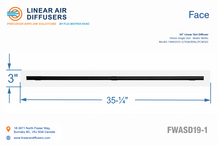 Load image into Gallery viewer, Face dimensions of a 34-inch 1-slot linear slot diffuser with 19mm opening in matte white.
