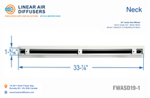 Load image into Gallery viewer, Neck dimensions of a 34-inch 1-slot linear slot diffuser with 19mm opening in matte white.
