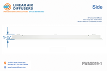 Load image into Gallery viewer, Side profile and dimensions of a 34-inch 1-slot linear slot diffuser with 19mm opening in matte white.
