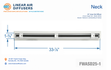 Load image into Gallery viewer, Neck dimensions of a 34-inch 1-slot linear slot diffuser with 25mm opening in matte white.

