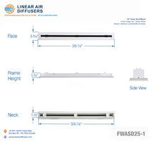 Load image into Gallery viewer, Overall dimensions of a 34-inch 1-slot linear slot diffuser with 25mm opening in matte white.
