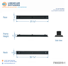 Load image into Gallery viewer, Overall dimensions of a 36-inch 1-slot linear slot diffuser with 19mm opening in matte black.
