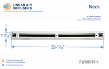 Load image into Gallery viewer, Neck dimensions of a 36-inch 1-slot linear slot diffuser with 19mm opening in matte white.
