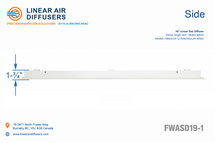 Load image into Gallery viewer, Side profile and dimensions of a 36-inch 1-slot linear slot diffuser with 19mm opening in matte white.

