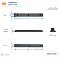 Load image into Gallery viewer, Overall dimensions of a 36-inch 1-slot linear slot diffuser with 25mm opening in matte black.
