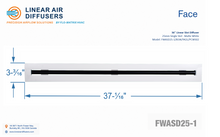 Load image into Gallery viewer, Face dimensions of a 36-inch 1-slot linear slot diffuser with 25mm opening in matte white.
