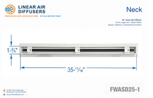 Load image into Gallery viewer, Neck dimensions of a 36-inch 1-slot linear slot diffuser with 25mm opening in matte white.
