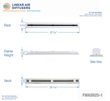 Load image into Gallery viewer, Overall dimensions of a 36-inch 1-slot linear slot diffuser with 25mm opening in matte white.
