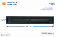 Load image into Gallery viewer, Neck dimensions of a 36-inch 2-slot linear slot diffuser with 19mm opening in matte black.
