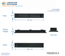 Load image into Gallery viewer, Overall dimensions of a 36-inch 2-slot linear slot diffuser with 19mm opening in matte black.
