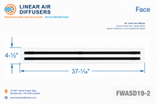 Load image into Gallery viewer, Face dimensions of a 36-inch 2-slot linear slot diffuser with 19mm opening in matte white.
