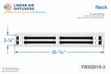 Load image into Gallery viewer, Neck dimensions of a 36-inch 2-slot linear slot diffuser with 19mm opening in matte white.
