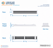 Load image into Gallery viewer, Overall dimensions of a 36-inch 2-slot linear slot diffuser with 19mm opening in matte white.
