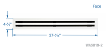 Load image into Gallery viewer, Face dimensions of a white 36 inch 2-slot linear diffuser with 19mm openings for precision airflow in commercial HVAC systems

