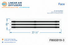 Load image into Gallery viewer, Face dimensions of a 36-inch 3-slot linear slot diffuser with 19mm opening in matte white.
