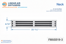 Load image into Gallery viewer, Neck dimensions of a 36-inch 3-slot linear slot diffuser with 19mm opening in matte white.
