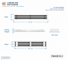 Load image into Gallery viewer, Overall dimensions of a 36-inch 3-slot linear slot diffuser with 19mm opening in matte white.
