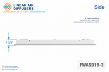 Load image into Gallery viewer, Side profile and dimensions of a 36-inch 3-slot linear slot diffuser with 19mm opening in matte white.

