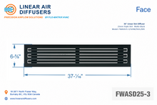 Load image into Gallery viewer, Face dimensions of a 36-inch 3-slot linear slot diffuser with 25mm opening in matte black.
