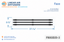 Load image into Gallery viewer, Face dimensions of a 36-inch 3-slot linear slot diffuser with 25mm opening in matte white.
