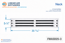Load image into Gallery viewer, Neck dimensions of a 36-inch 3-slot linear slot diffuser with 25mm opening in matte white.

