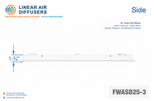 Load image into Gallery viewer, Side profile and dimensions of a 36-inch 3-slot linear slot diffuser with 25mm opening in matte white.
