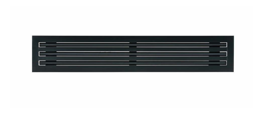 Front view of a black 36 inch 3-slot linear diffuser with 19mm openings for precision airflow in commercial HVAC systems