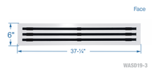 Load image into Gallery viewer, Face dimensions of a white 36 inch 3-slot linear diffuser with 19mm openings for precision airflow in commercial HVAC systems
