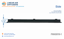 Load image into Gallery viewer, Side profile and dimensions of a 48-inch 1-slot linear slot diffuser with 19mm opening in matte black.
