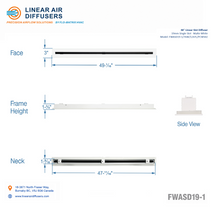 Load image into Gallery viewer, Overall dimensions of a 48-inch 1-slot linear slot diffuser with 19mm opening in matte white.
